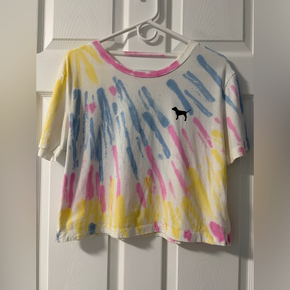PINK Victoria’s Secret Pastel Tie-Dye Cropped Open-Back Tee (Size S)